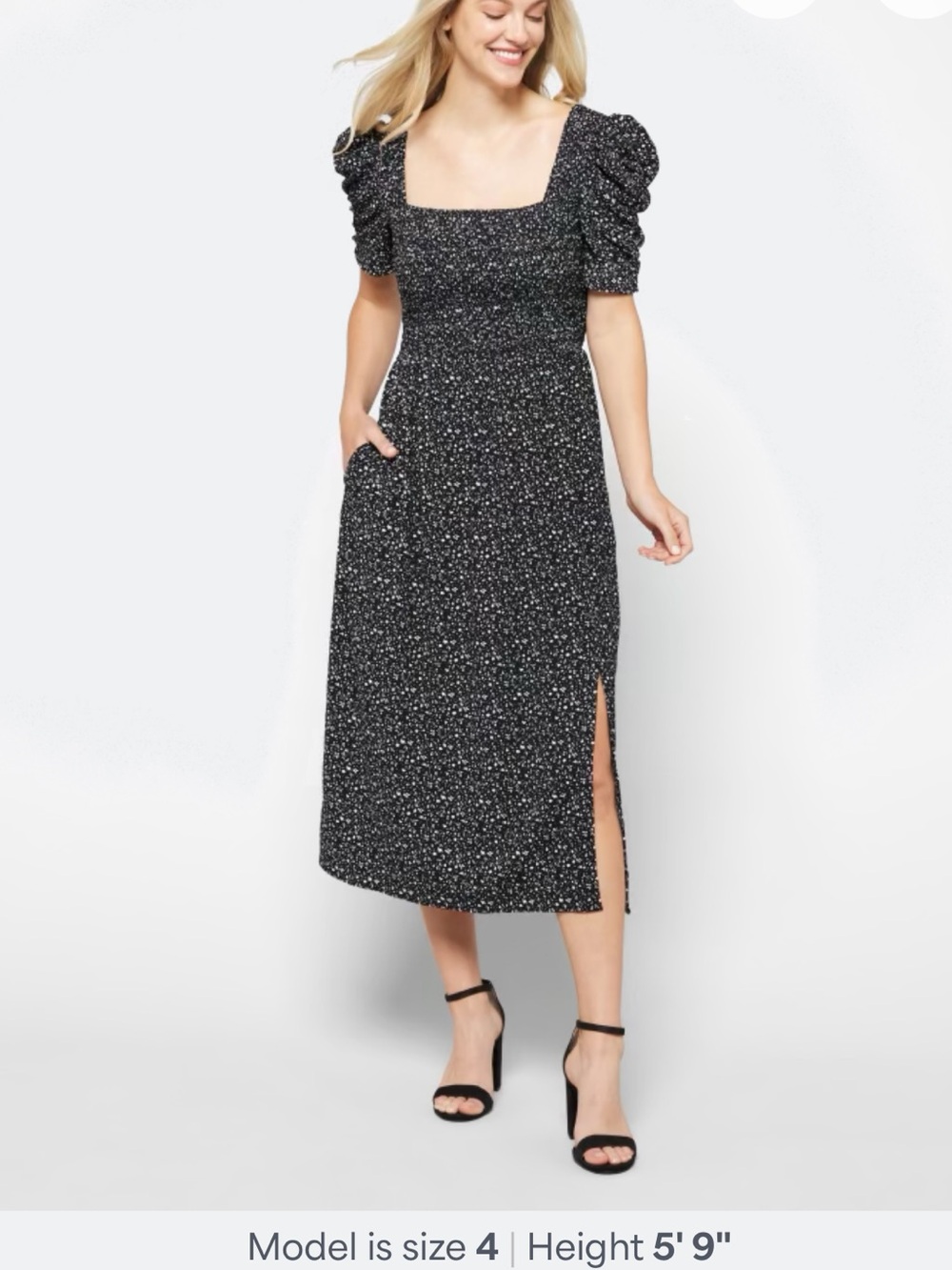DKNY Amanza Midi Dress Black White Smocked Puff Sleeve Cottagecore Size 14